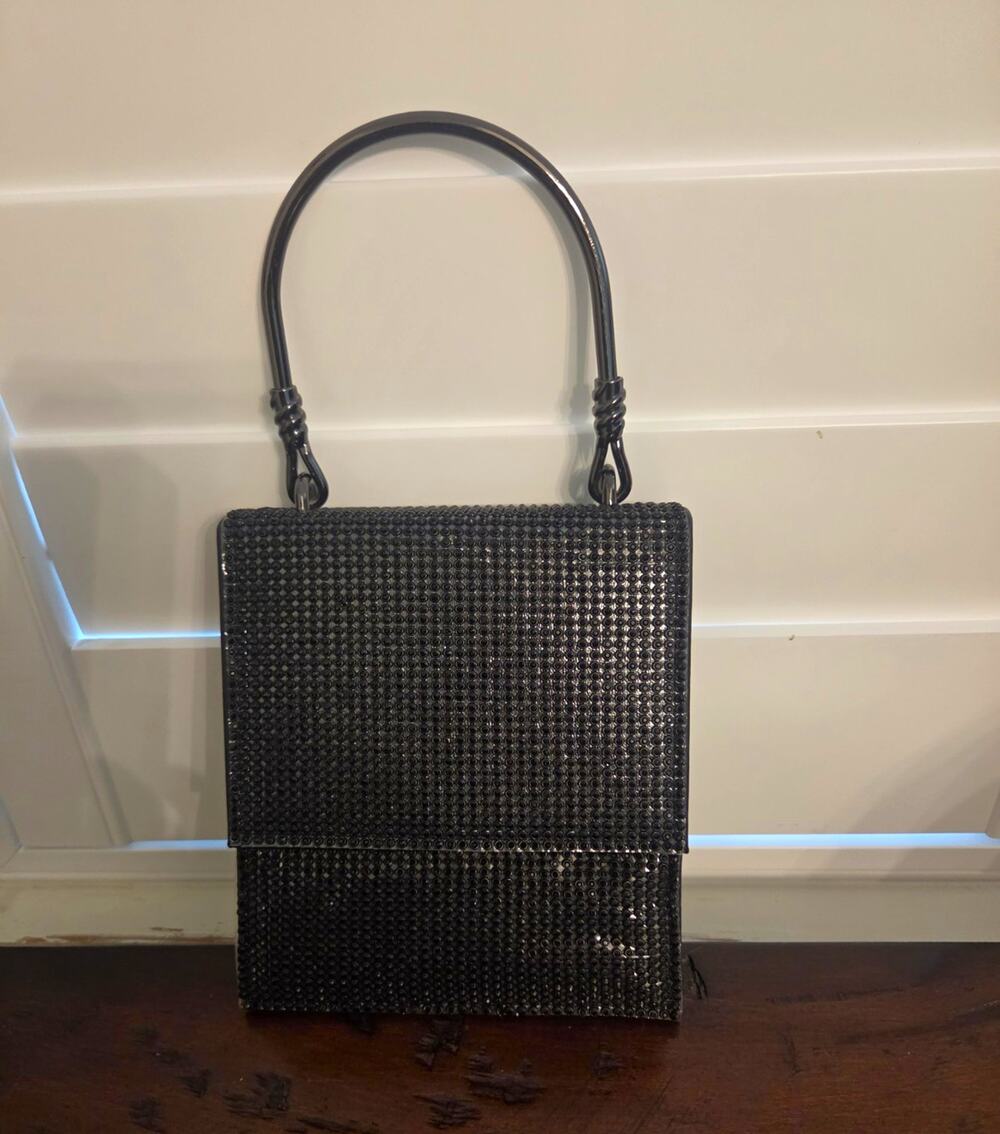 Badgley Mischka Black Beaded Top Handle Evening Bag, Detachable Chain Strap